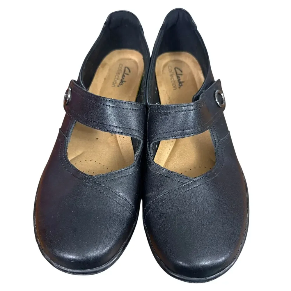 Clarks Collection Cora Dahlia Mary Jane Black Leather Comfort Shoes Loafer 9.5 W
